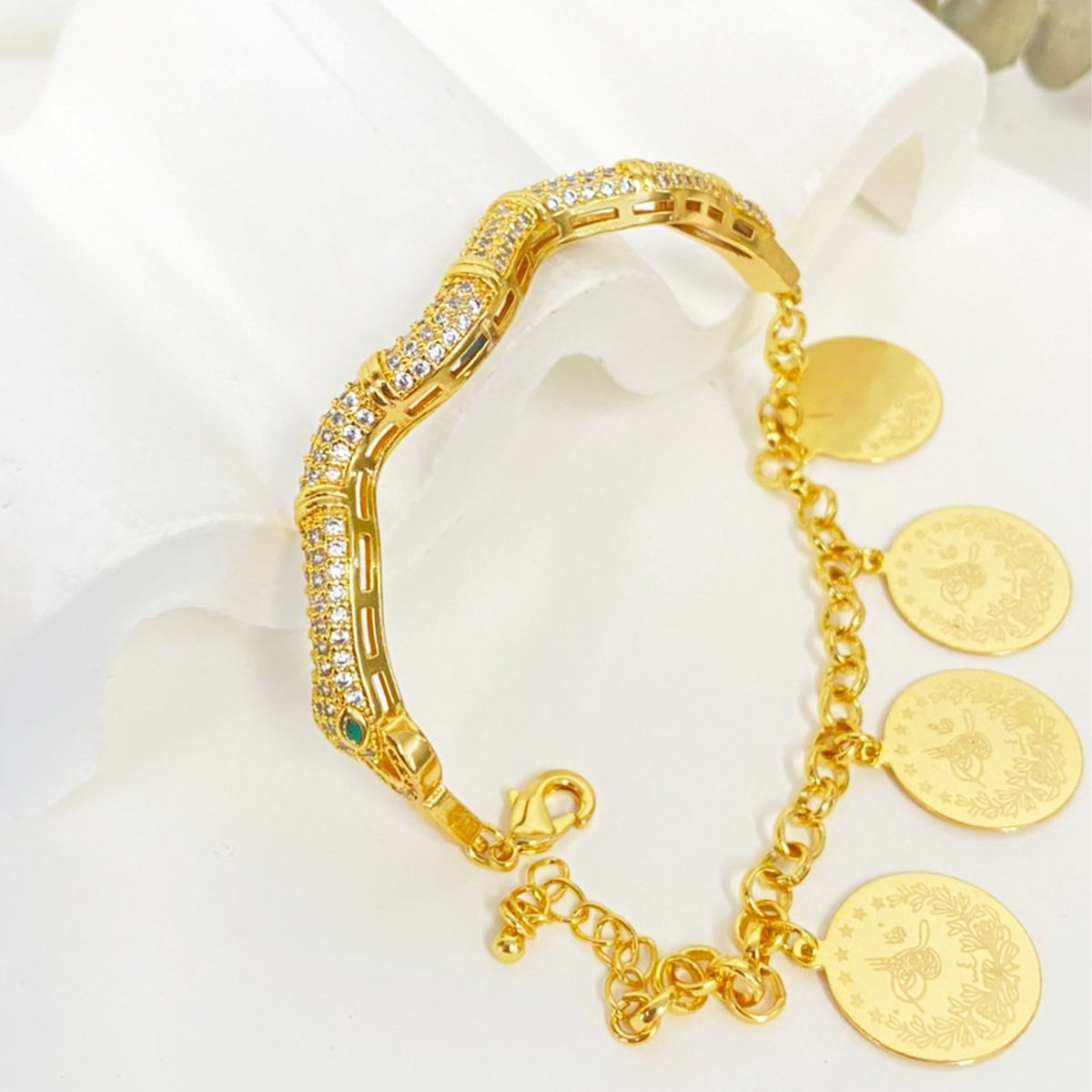 Triple box-snake chain bracelet with inlaid diamond-like cubic zirconia stones