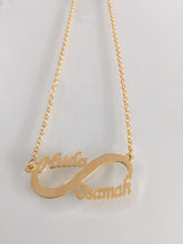 Load image into Gallery viewer, 2 name necklace - couples name on mini infinity