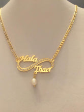 Load image into Gallery viewer, 2 name necklace - couples name infinity + pearl