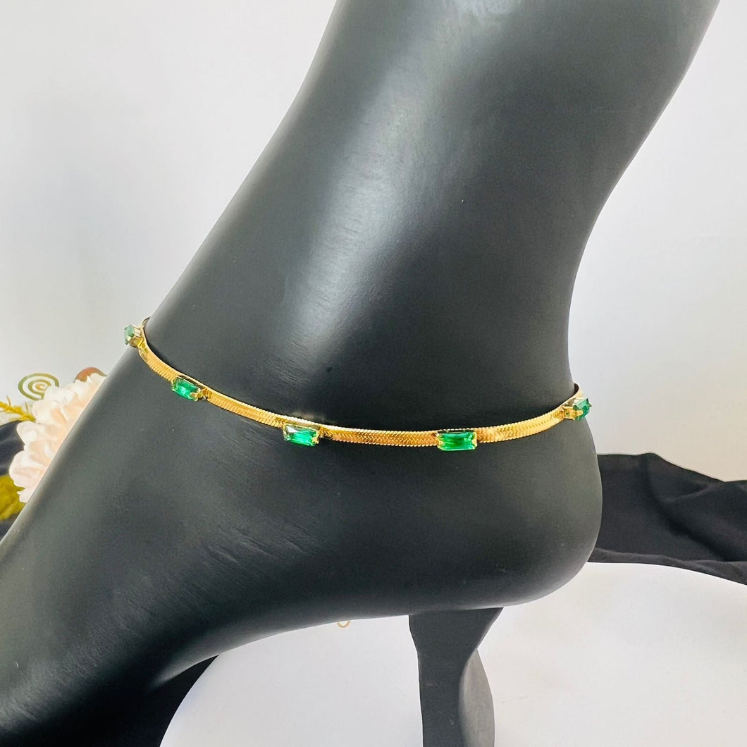 Anklet - stainless steel gold chain green stones