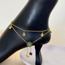 Load image into Gallery viewer, Anklet - stainless steel turquoise stone with star and crescent
