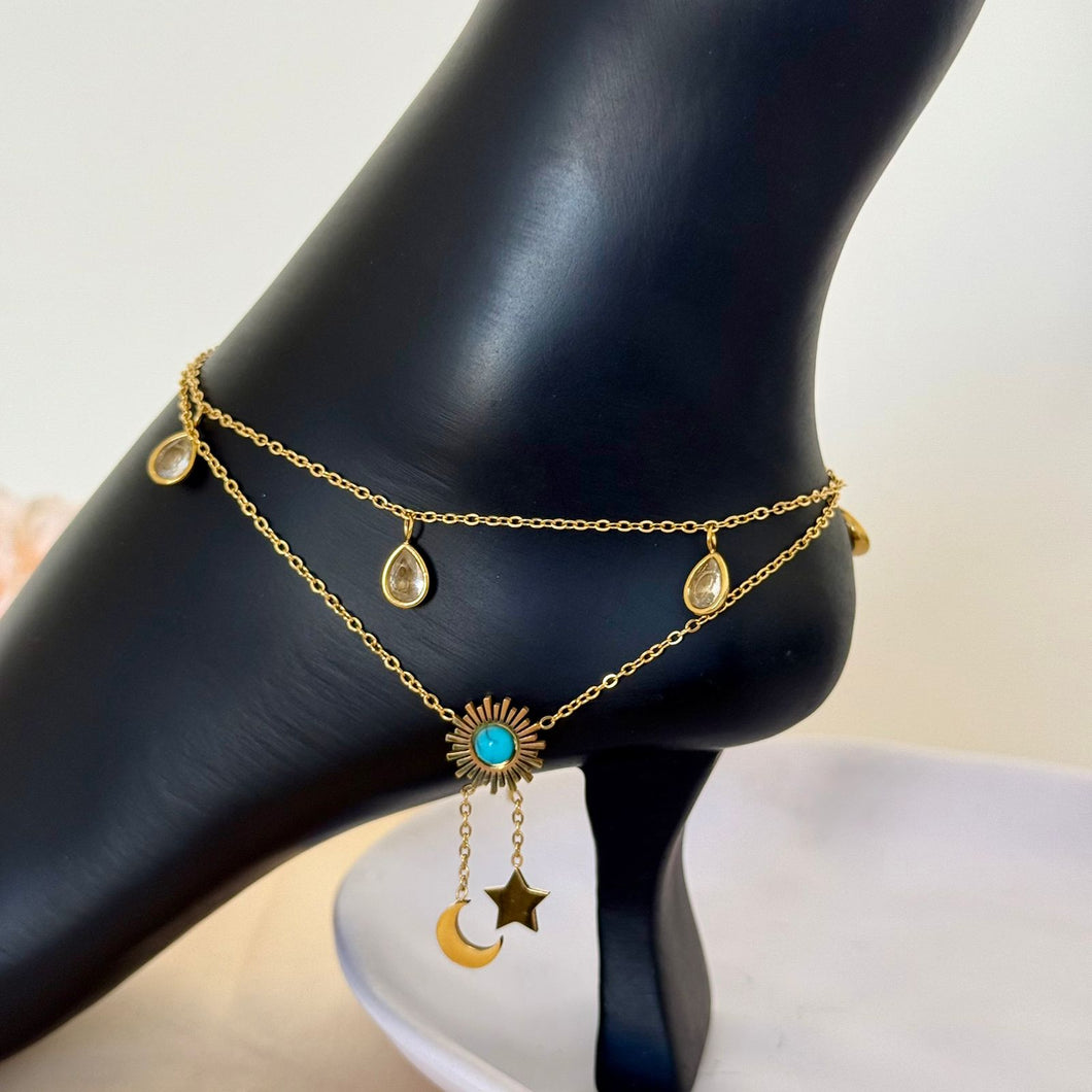 Anklet - stainless steel turquoise stone with star and crescent