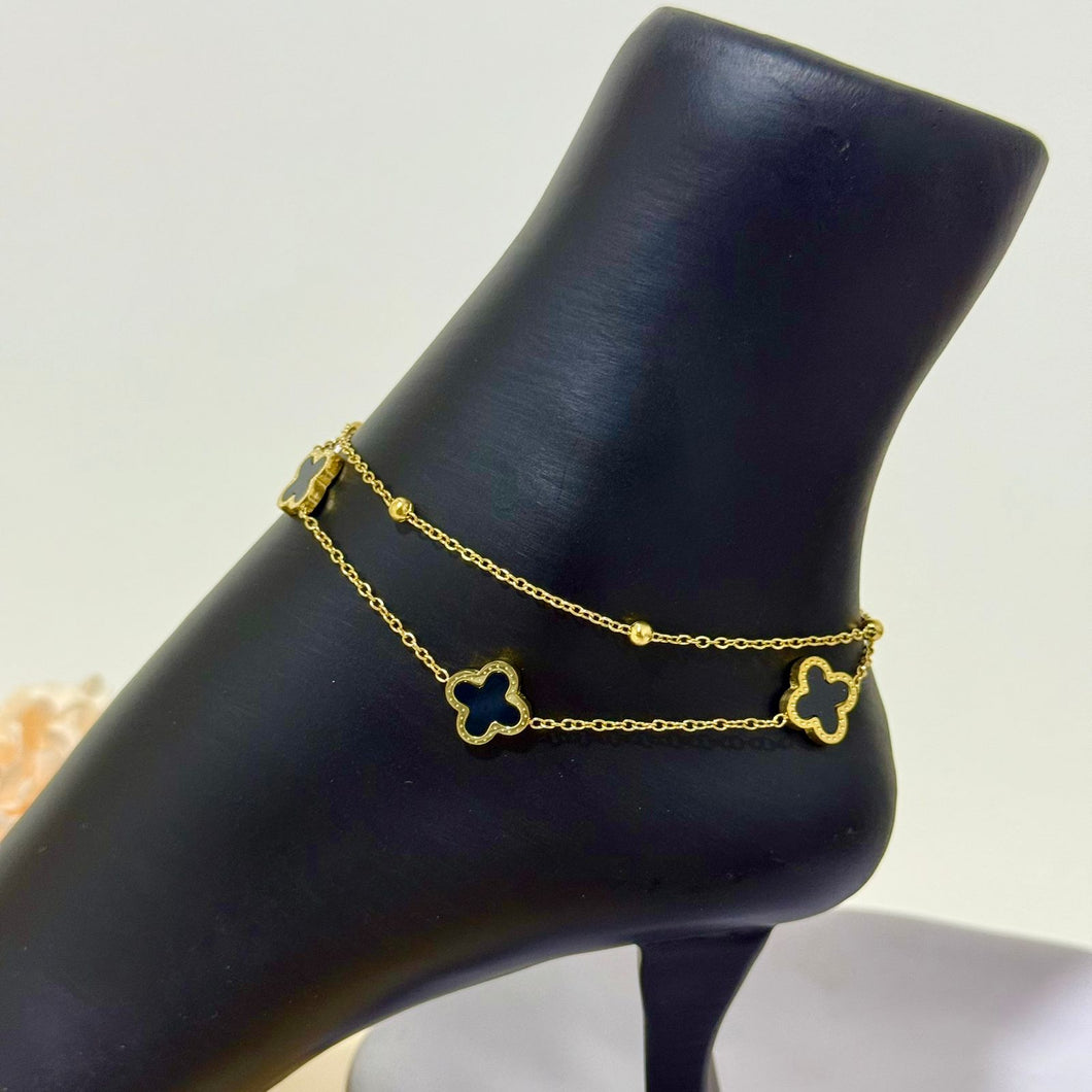 Anklet - stainless steel black clovers