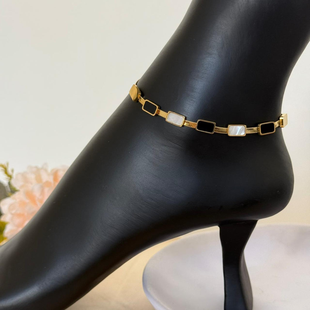 Anklet - stainless steel skin chain white and black stones