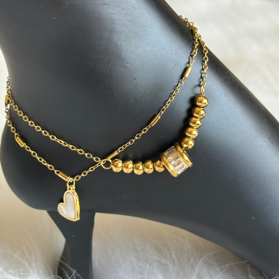 Anklet - stainless steel gold balls white heart
