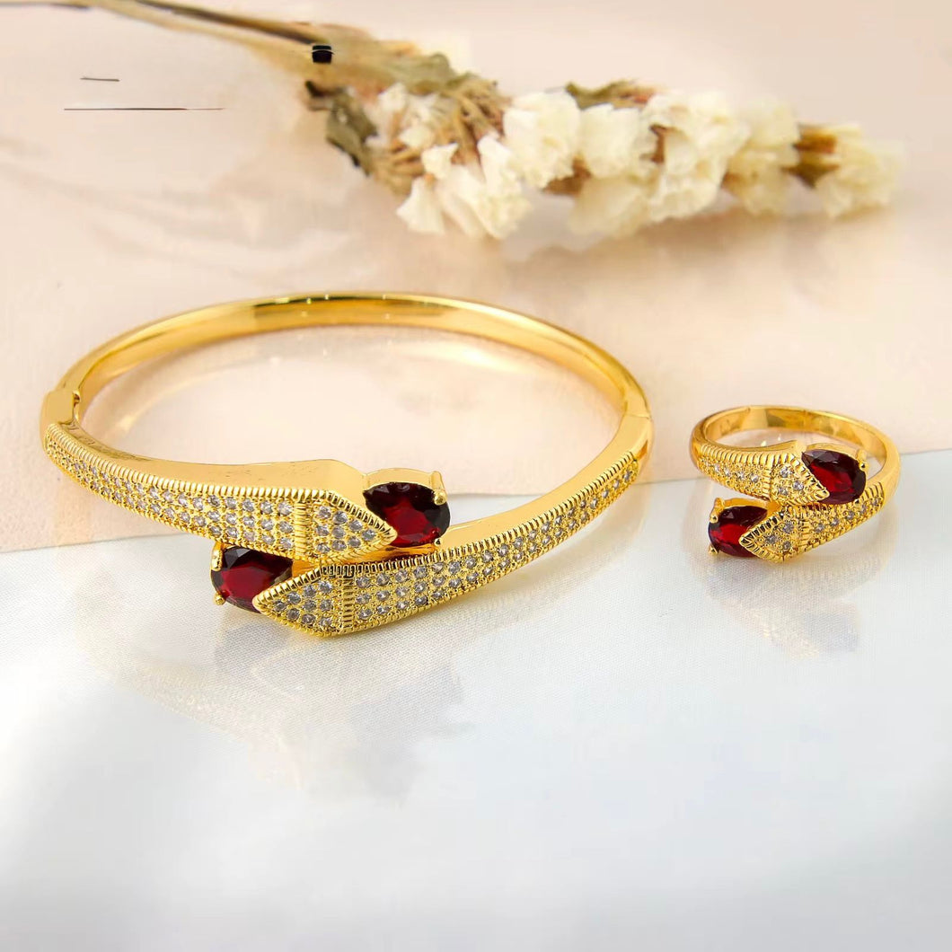 Sets - 2 pieces bracelet and ring simple zircon and red stones