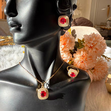 Load image into Gallery viewer, Sets - 3 pieces necklace,earrings and ring gold red stone
