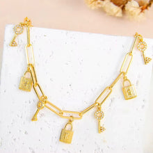 Load image into Gallery viewer, Bracelet - Gold chain with lock and key pendants
