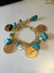 Customized - 4 Names Pearl Turquoise Bracelet