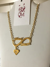 Load image into Gallery viewer, 2 name necklace - couples name on infinity + letter heart
