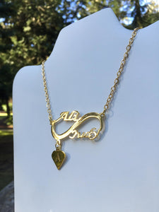 2 name necklace - couples name on infinity + letter heart