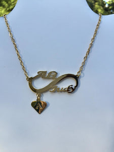 2 name necklace - couples name on infinity + letter heart