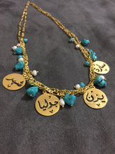 Load image into Gallery viewer, Family Necklace - turquoise + pearl + 4 names
