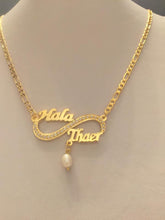 Load image into Gallery viewer, 2 name necklace - couples name infinity + pearl
