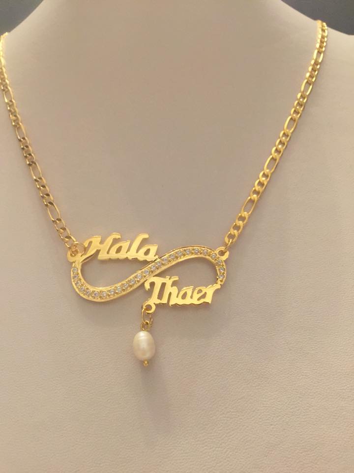 2 name necklace - couples name infinity + pearl