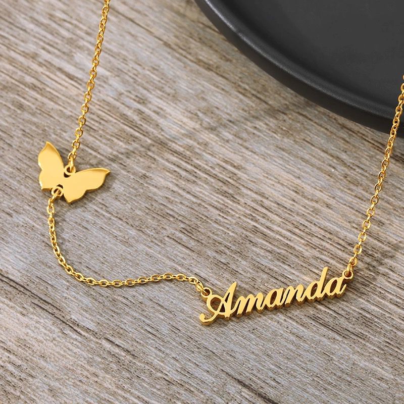 Name Necklace -  Hanging butterfly and name