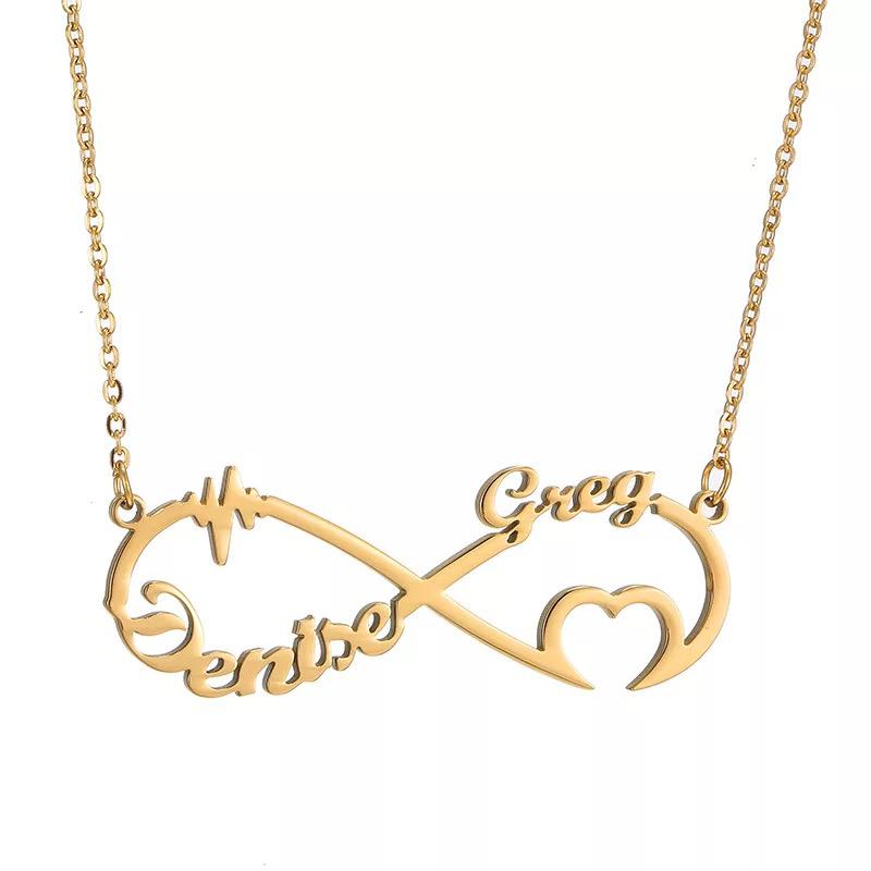 Two Name Necklace -  infinity and pulses heart two name
