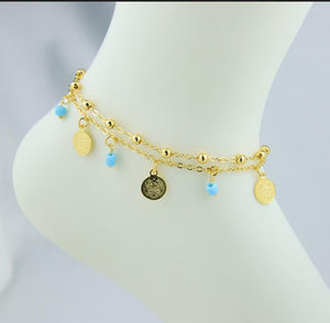 Anklet - blue beads and lira