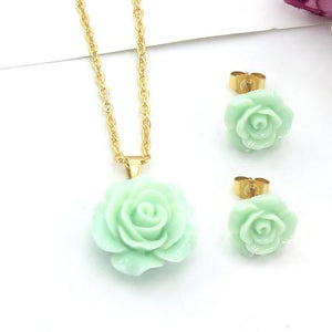 Kids - stainless steel set earring and necklace green Rose