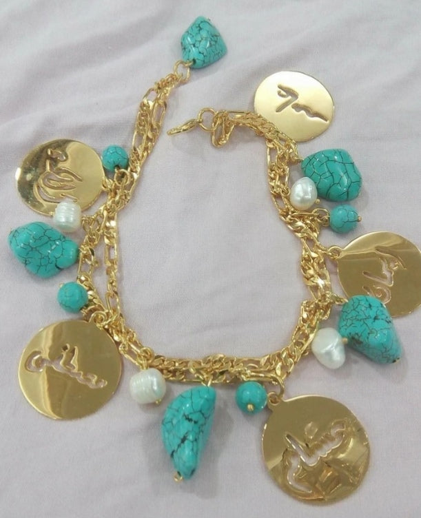 Customized - 5 Names Pearl Turquoise Bracelet