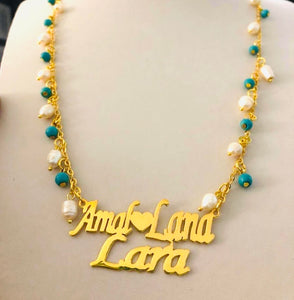 Family Necklace - 3 names, pearl, turquoise